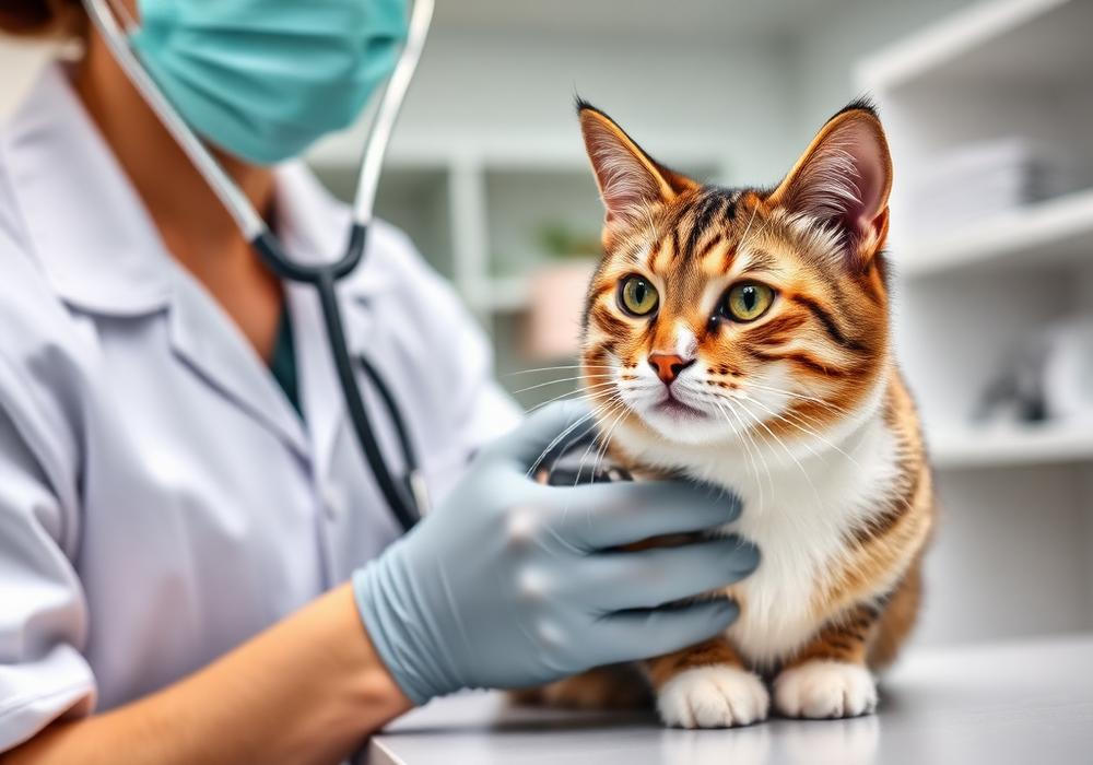 Veterinářka vyšetřuje kočku pomocí fonendoskopu