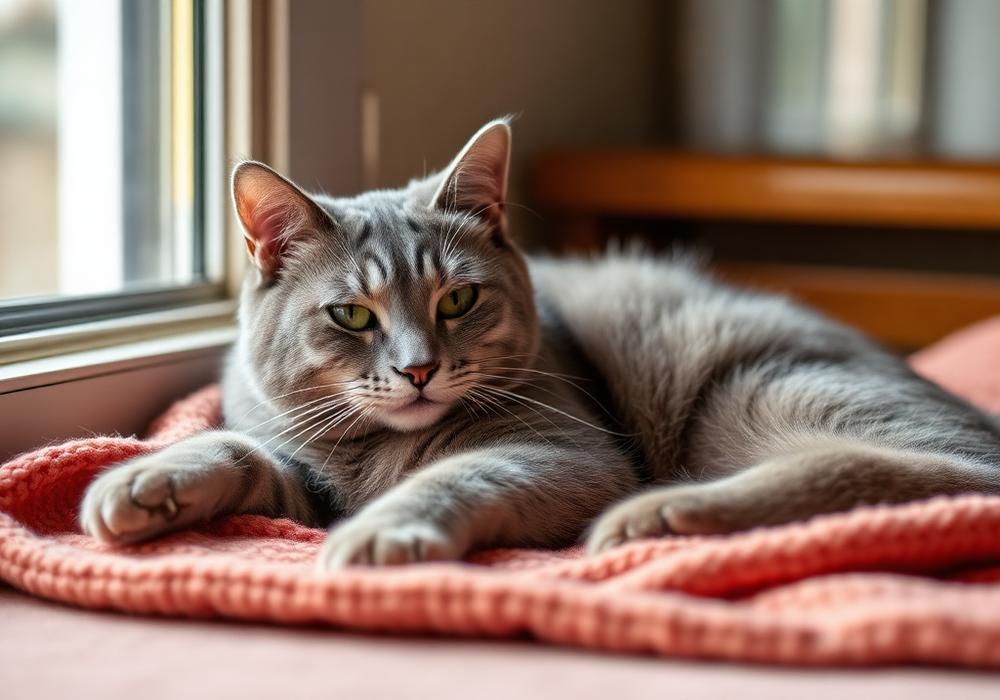 Klidná senior kočka odpočívající na dece u okna