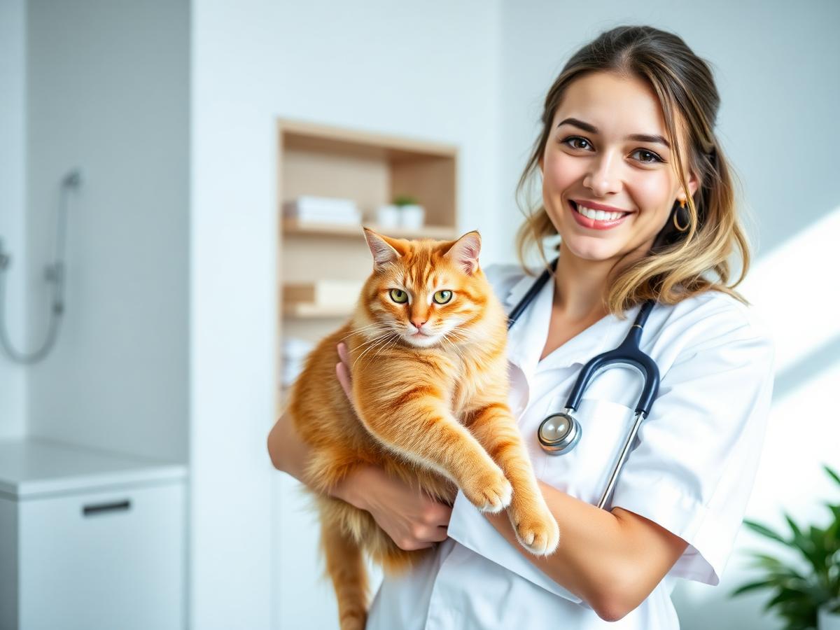 Usměvavá veterinární lékařka drží zdravou zrzavou kočku v moderní ordinaci